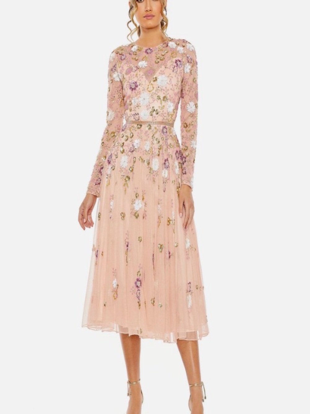 Mac Duggal Blush Pink Floral Embroidered Long Sleeve Midi Dress